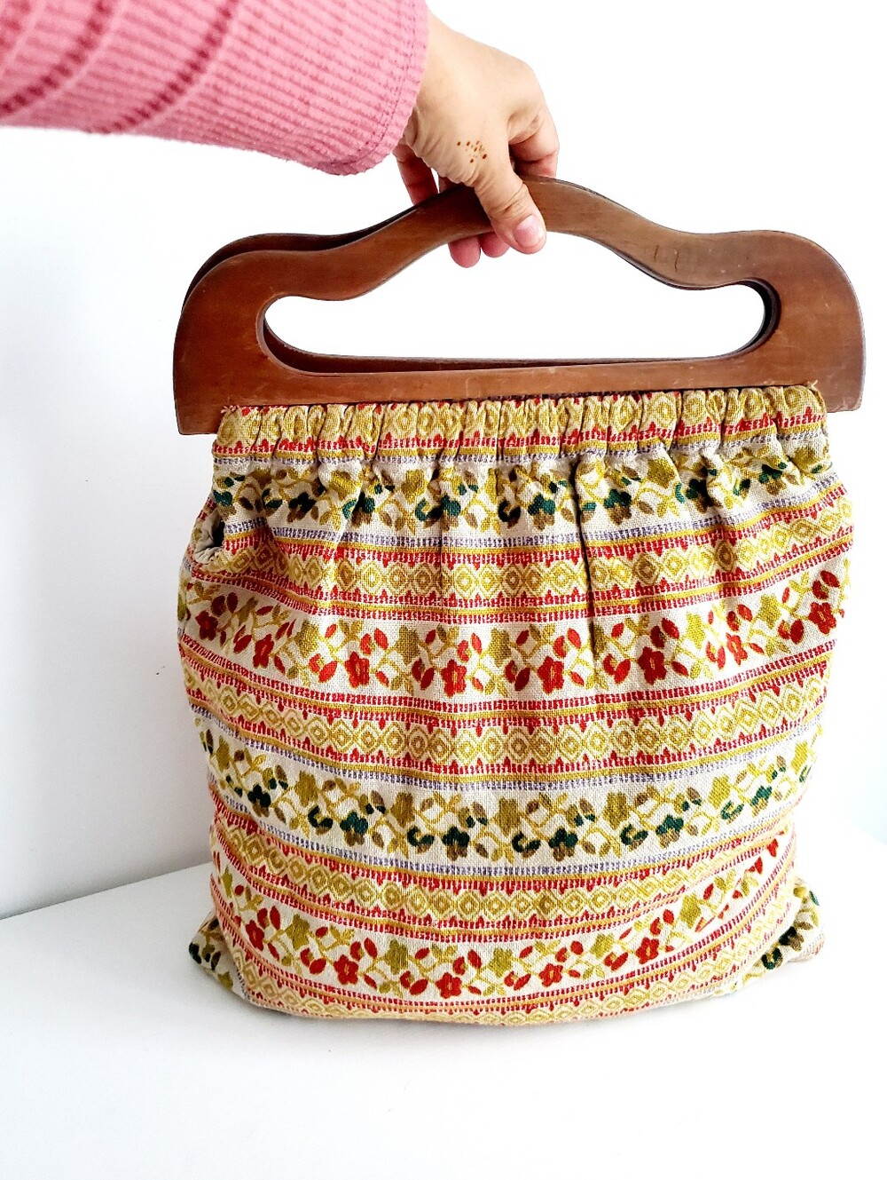 Vintage - Multicolor Patterned Fabric Satchel with Wooden Handle